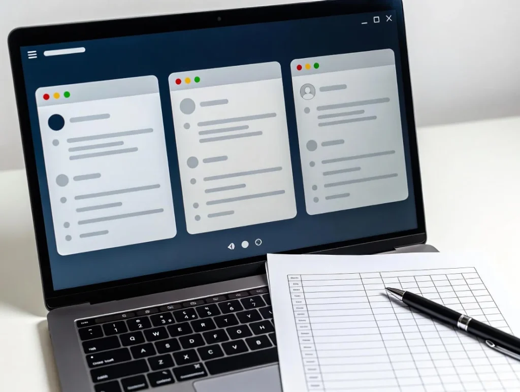 A laptop shows multiple generic panels next to a paper tally sheet and pen, matching genshin wish counter and Other Wish Counters: Stardb, Genshin-Wishes, Tally Sheets.