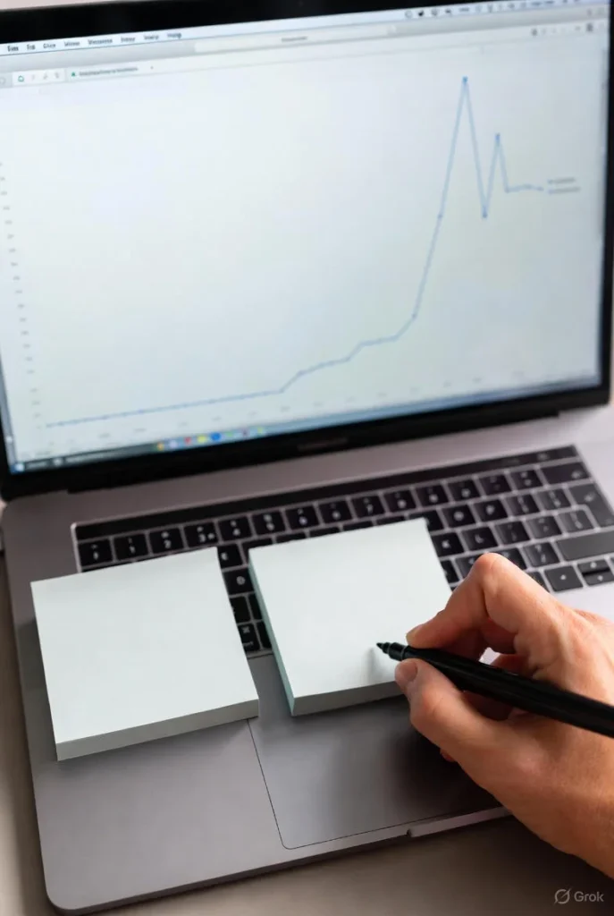 A laptop shows a generic rising line graph with a spike while a hand holds a marker, matching genshin wish counter and Soft Pity vs. Hard Pity Explained.