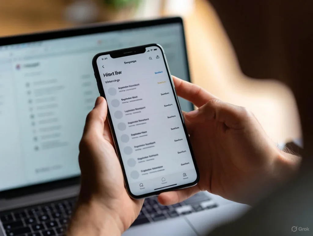 Hands hold a phone showing a blurred scrollable list while a laptop sits in the background, matching genshin wish counter and Check Pity In-Game Using Wish History.