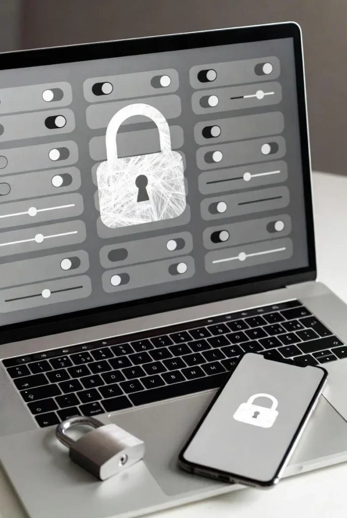 A laptop with a generic privacy layout sits beside a small padlock on a desk, matching genshin wish counter and Safety and Privacy: Are Wish Counters Safe?.