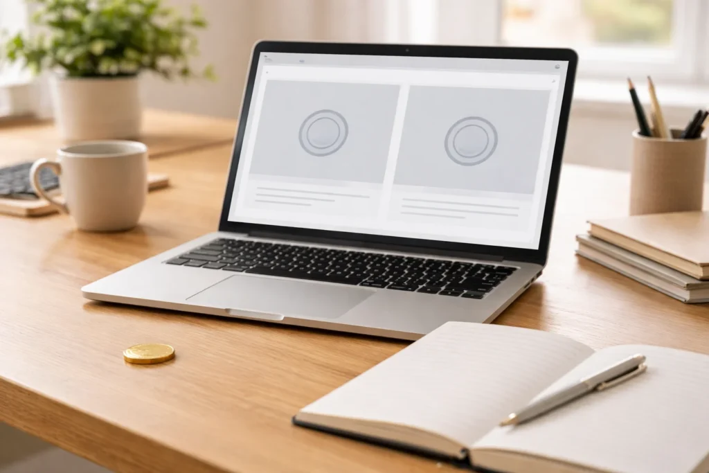 A laptop shows a generic split layout beside a coin on the desk, matching genshin wish counter and How Character Banner Pity and the 50/50 Work.