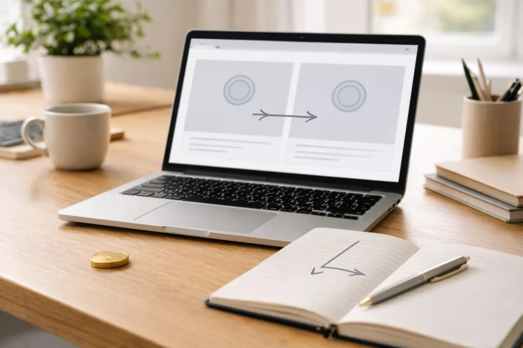 An open notebook with simple arrow shapes sits beside a laptop with a two-column layout, matching genshin wish counter and Standard Banner Rules and Carryover.