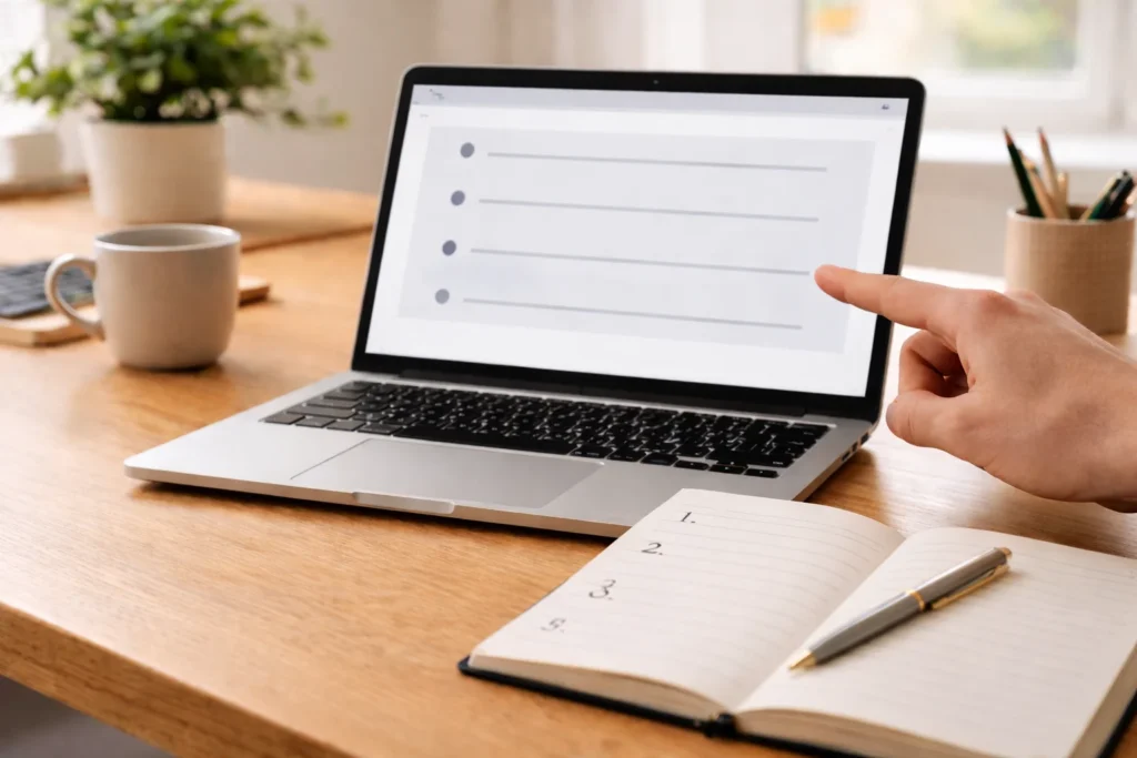A laptop displays a generic step checklist layout while a finger points near the screen, matching genshin wish counter and Use Paimon.moe to Track Pity (Step-By-Step).