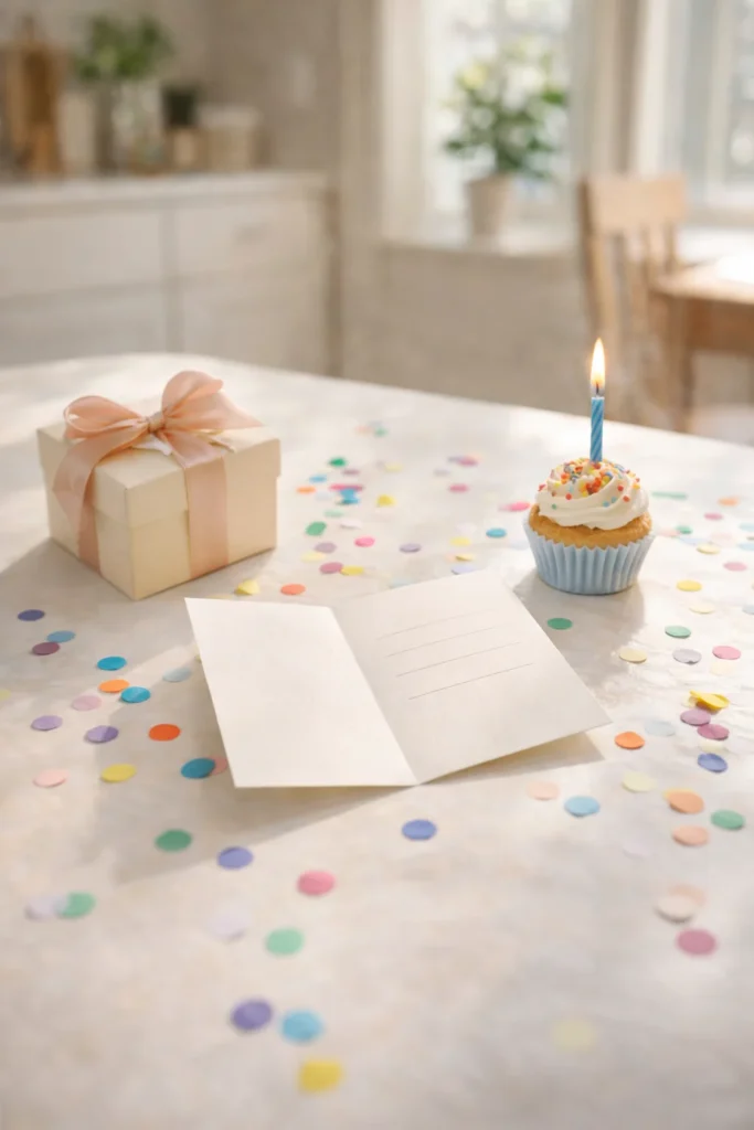 Photorealistic table scene with a small gift, cupcake candle, and blank card for short birthday wishes for granddaughter.