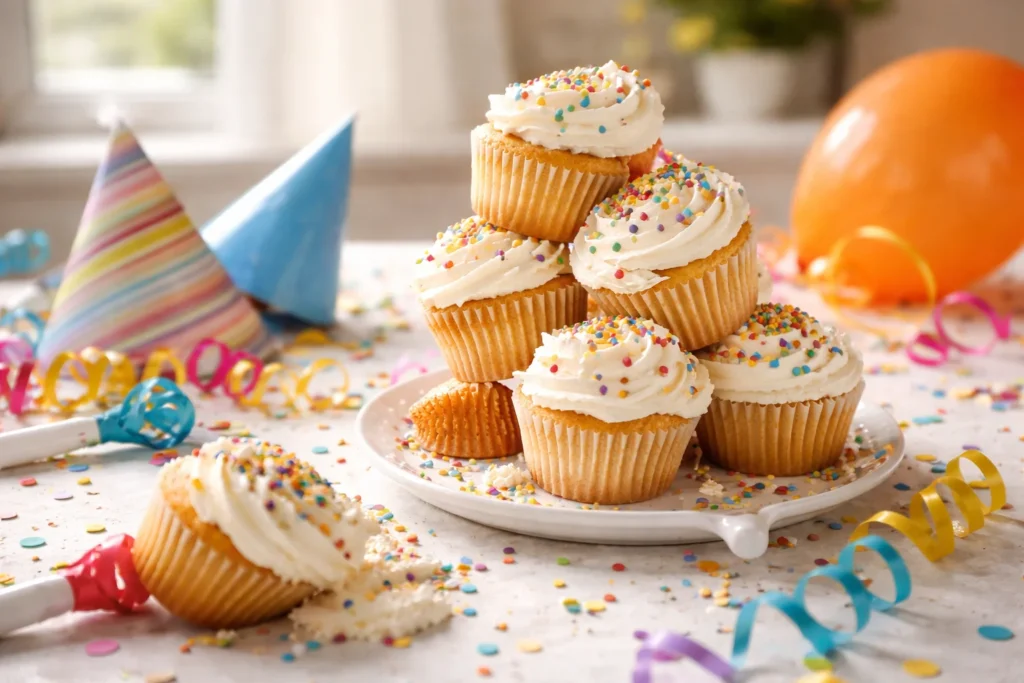 Playful cupcakes, party hats, and balloons on a table for funny birthday wishes for granddaughter.