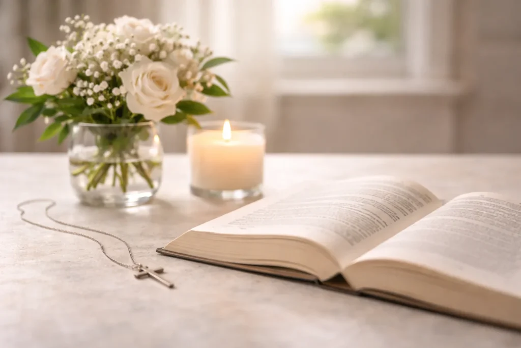 Candle, flowers, and a cross necklace on a table for religious birthday wishes for granddaughter.