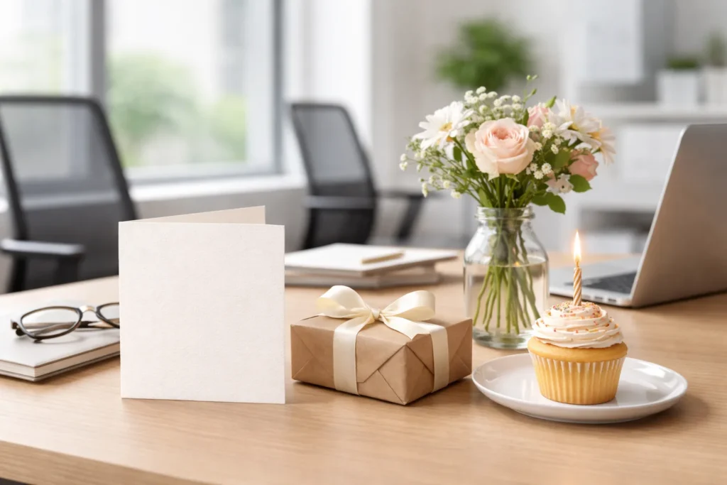 Professional birthday wishes for employees visual: a clean office desk with a blank card, small gift box, cupcake, and flowers in soft daylight.