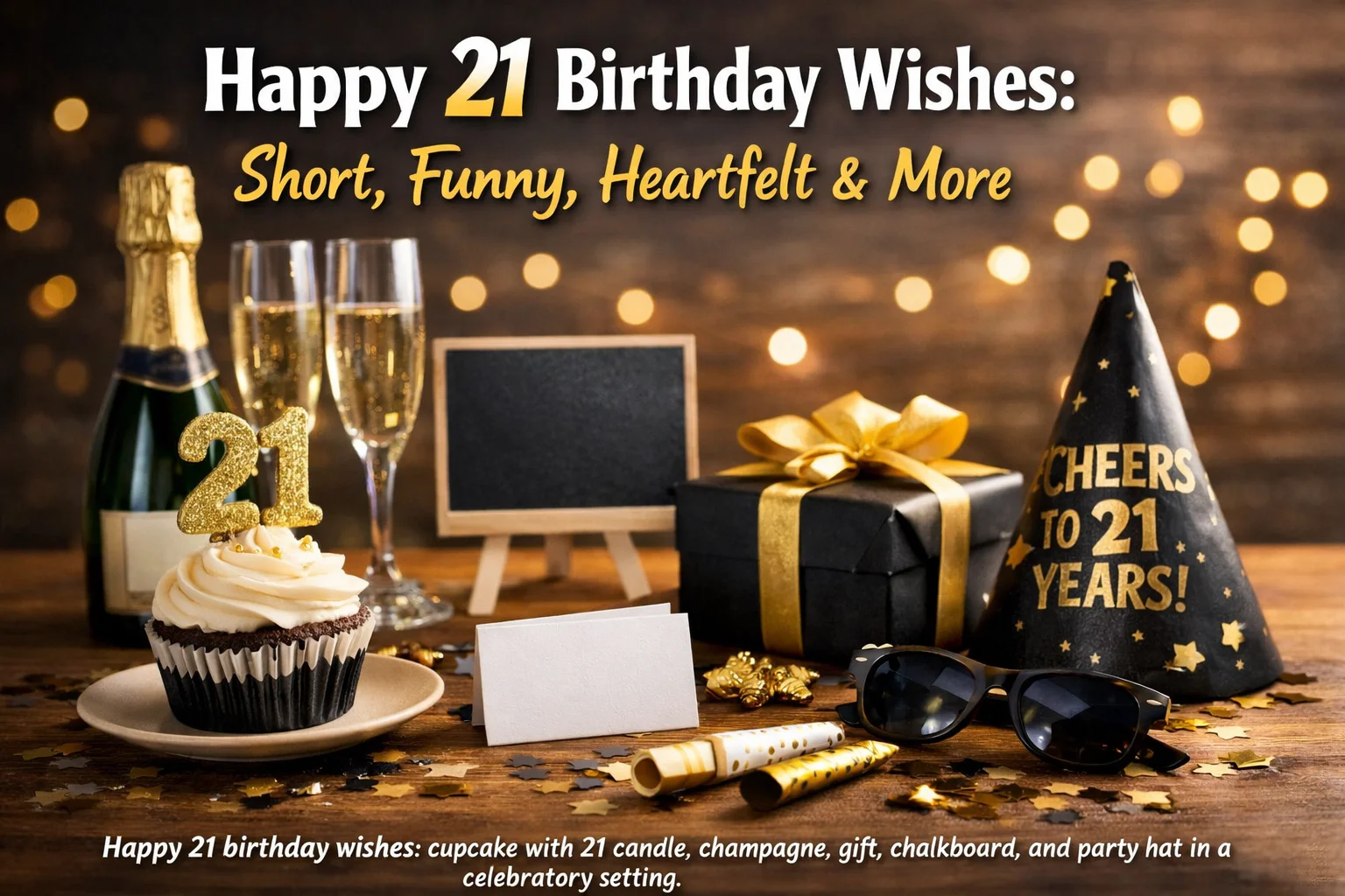 A festive 21st birthday setup with a cupcake topped with a gold “21” candle, champagne bottle and flutes, a wrapped gift with gold ribbon, a small blank chalkboard, and a party hat on a wooden table with warm bokeh lights.