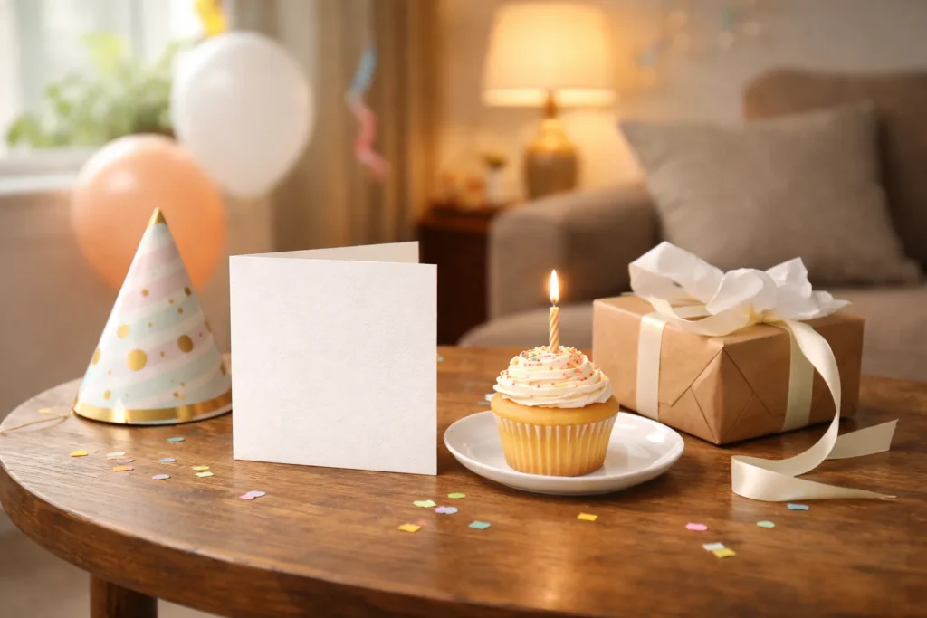 A blank birthday card beside a cupcake and gift on a decorated table, representing funny 21st birthday wishes.