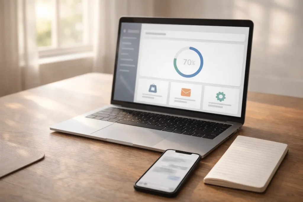 A laptop shows a split two-path graphic with a die and coin on the desk.
