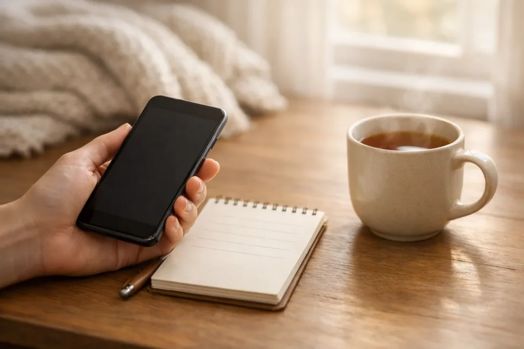 A hand holds a phone over a notepad and warm tea on a desk, representing short wishes before surgery for a friend.