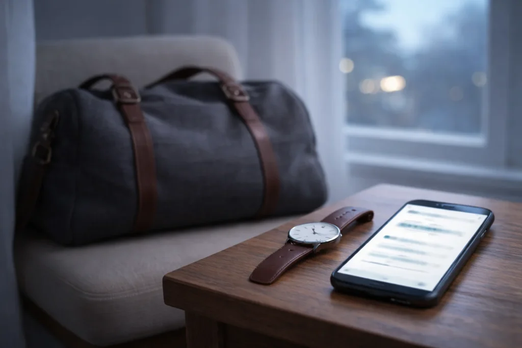 A phone near a watch and small travel bag in dawn light, symbolizing morning-of surgery messages.