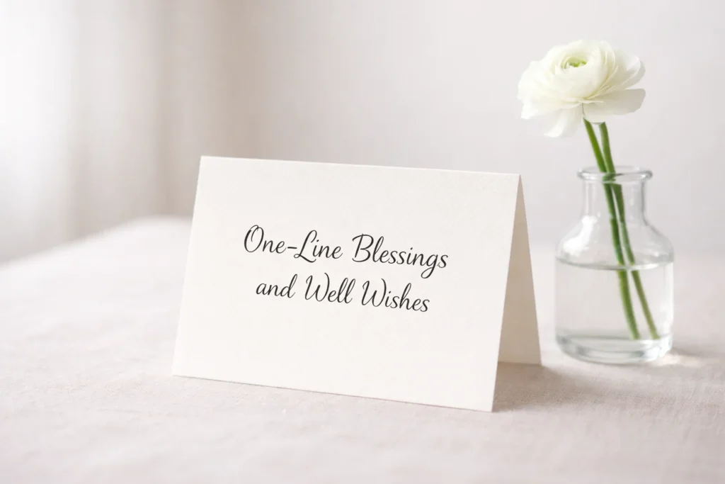 A blank folded card beside a white flower, reflecting one-line blessings and well wishes.