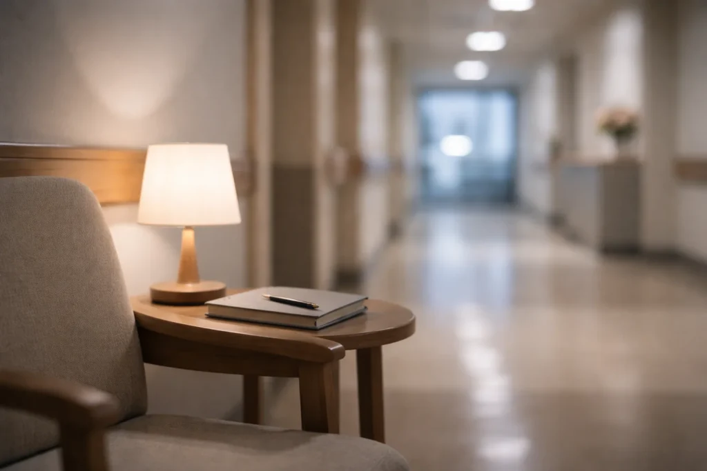 A quiet hospital hallway with a chair and notebook, representing prayers for the medical team and recovery.