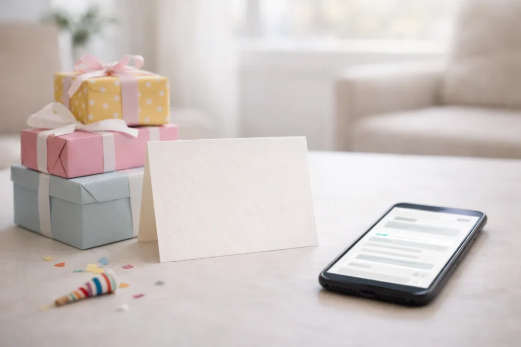 Birthday gifts and a blank card beside a phone, representing short funny birthday wishes for son-in-law.