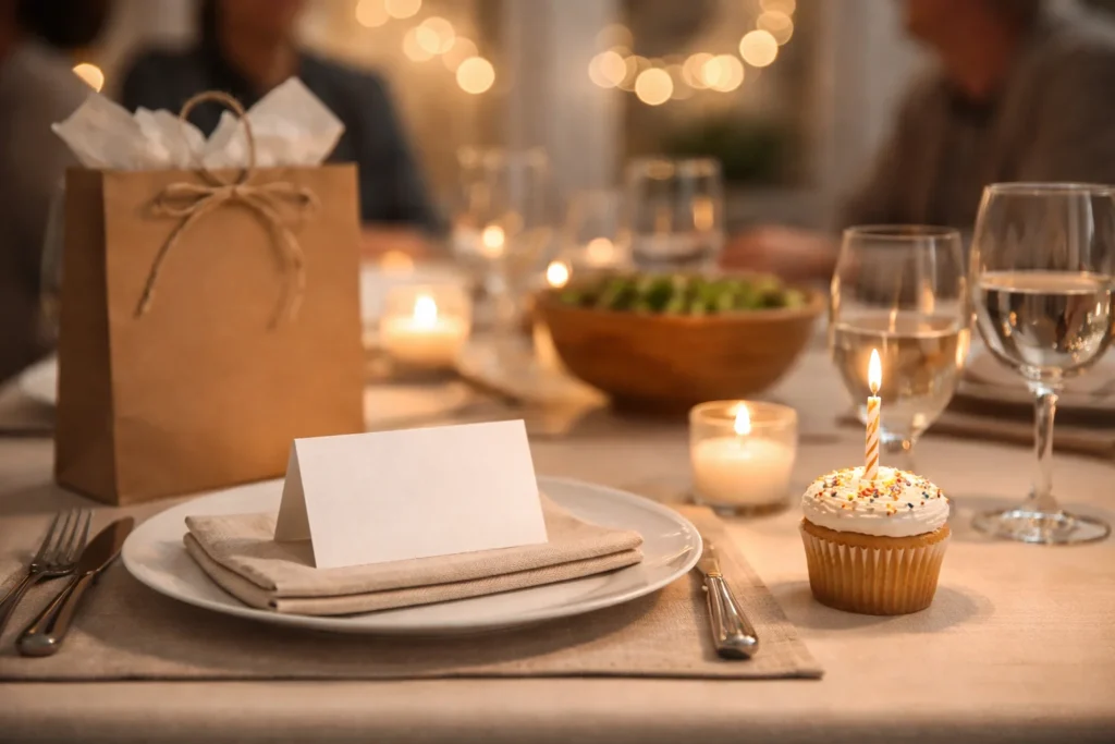 A cozy family dinner table with a cupcake and gift bag, symbolizing a new son-in-law’s first birthday with us.