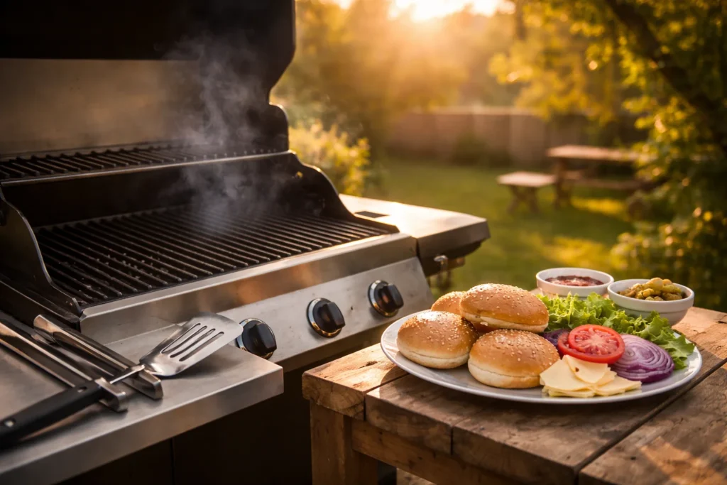 A backyard grill with tools and buns on a prep table, representing grill master and foodie jokes.