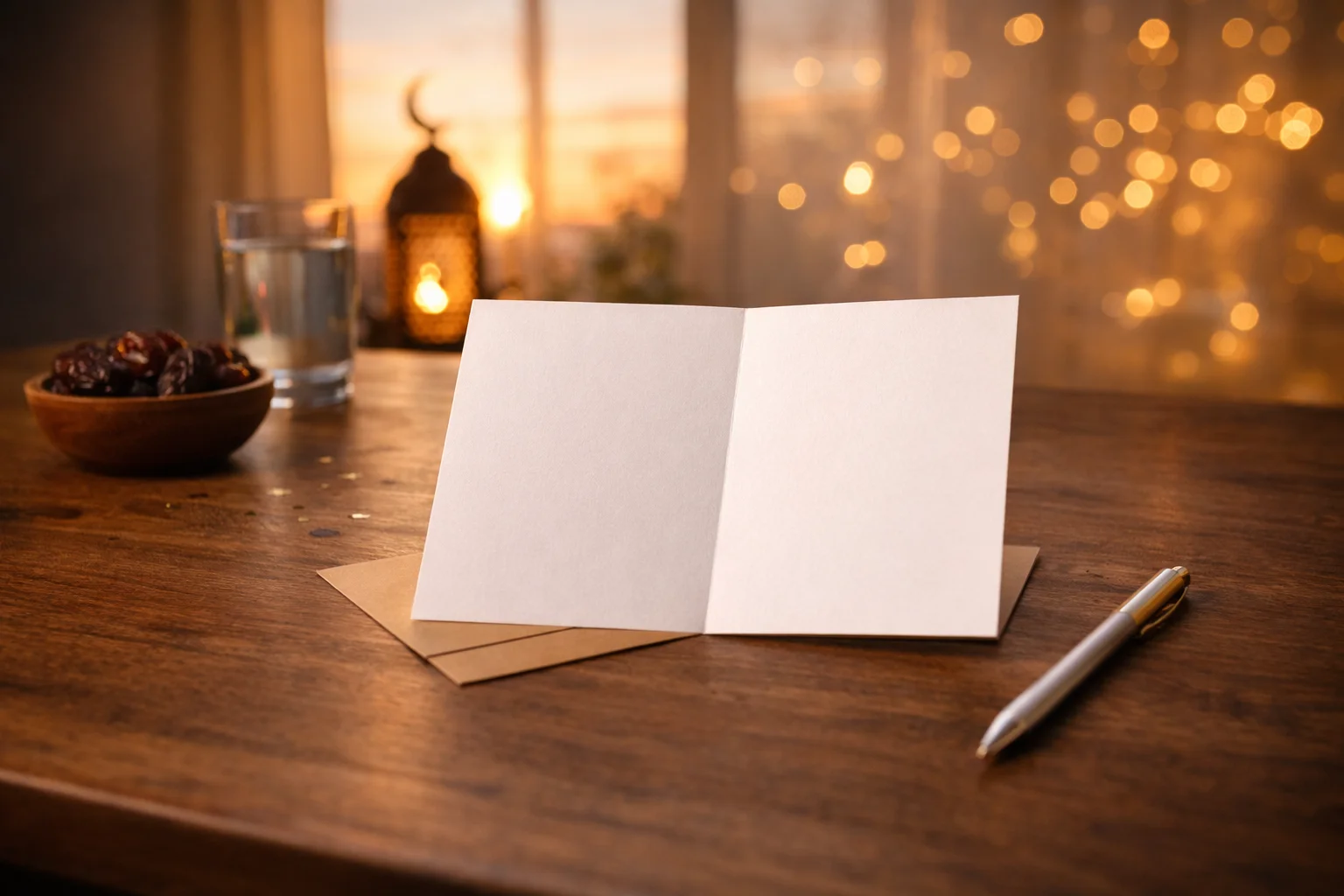 A blank greeting card with a pen on a wooden table near dates and a glass of water in warm evening light, illustrating how to wish happy ramadan.