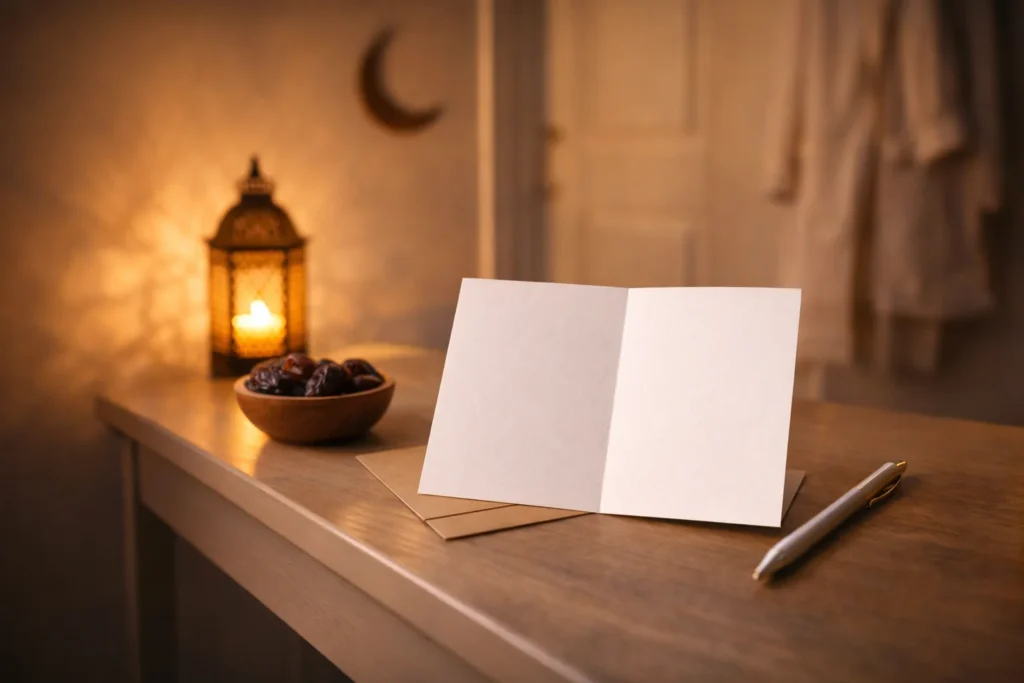 A blank greeting card beside dates and a warm lantern, illustrating simple ways to say happy Ramadan.