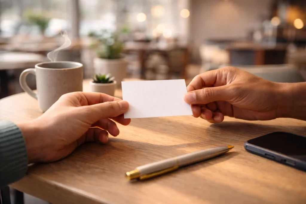 Two people exchanging a blank note card at a café table, showing how to wish happy Ramadan respectfully from non-Muslim to Muslim.