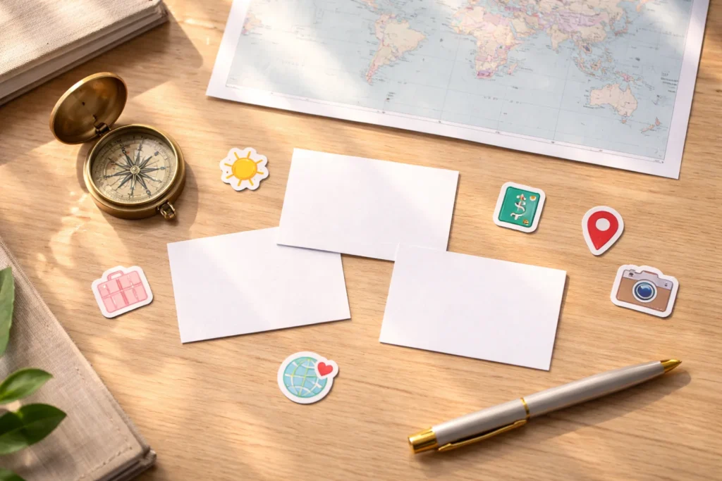 Three blank mini cards on a desk with a compass and map, representing Ramadan greetings in different languages.