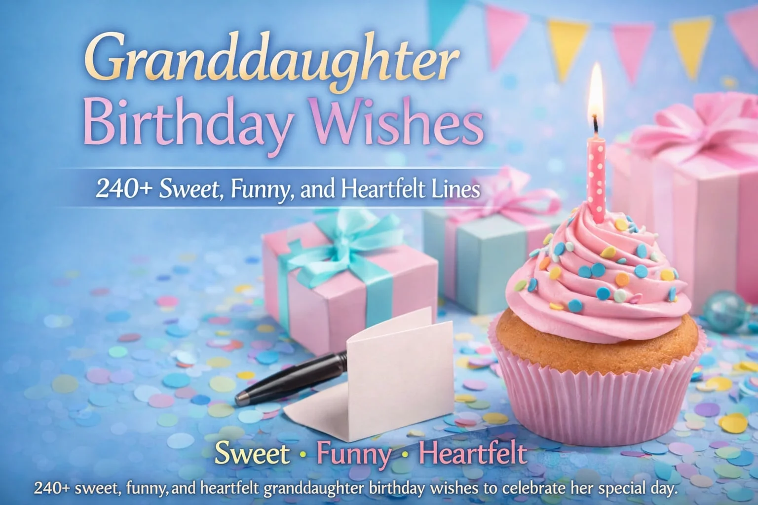 Main Title: Granddaughter Birthday Wishes Subtitle: 240+ Sweet, Funny, and Heartfelt Lines Bottom Line (Tagline): Sweet • Funny • Heartfelt