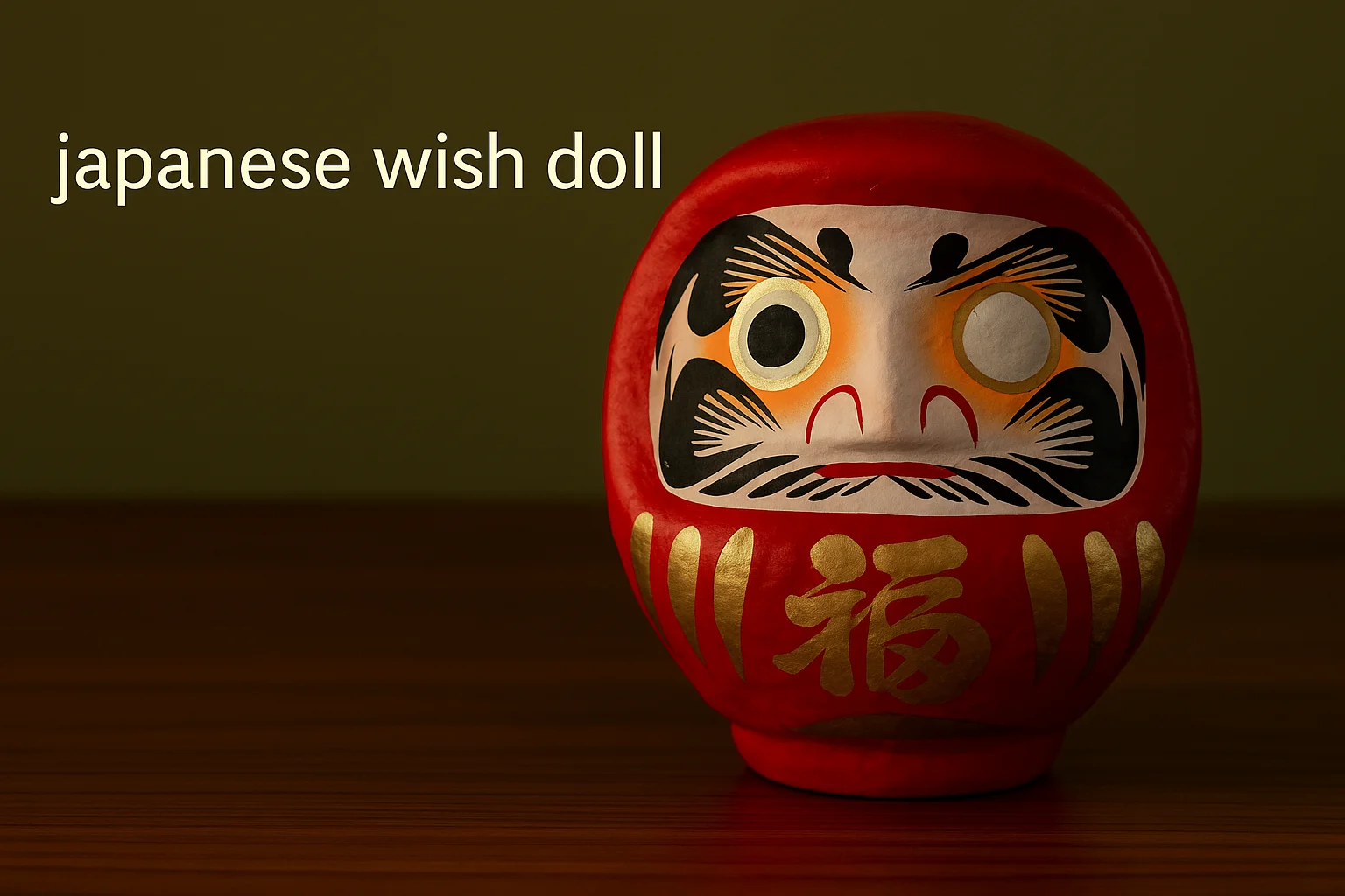 Red Daruma wish doll beside an ink brush on a wooden shelf. Red Daruma wish doll beside an ink brush on a wooden shelf. A Daruma keeps one eye open until your goal is met.