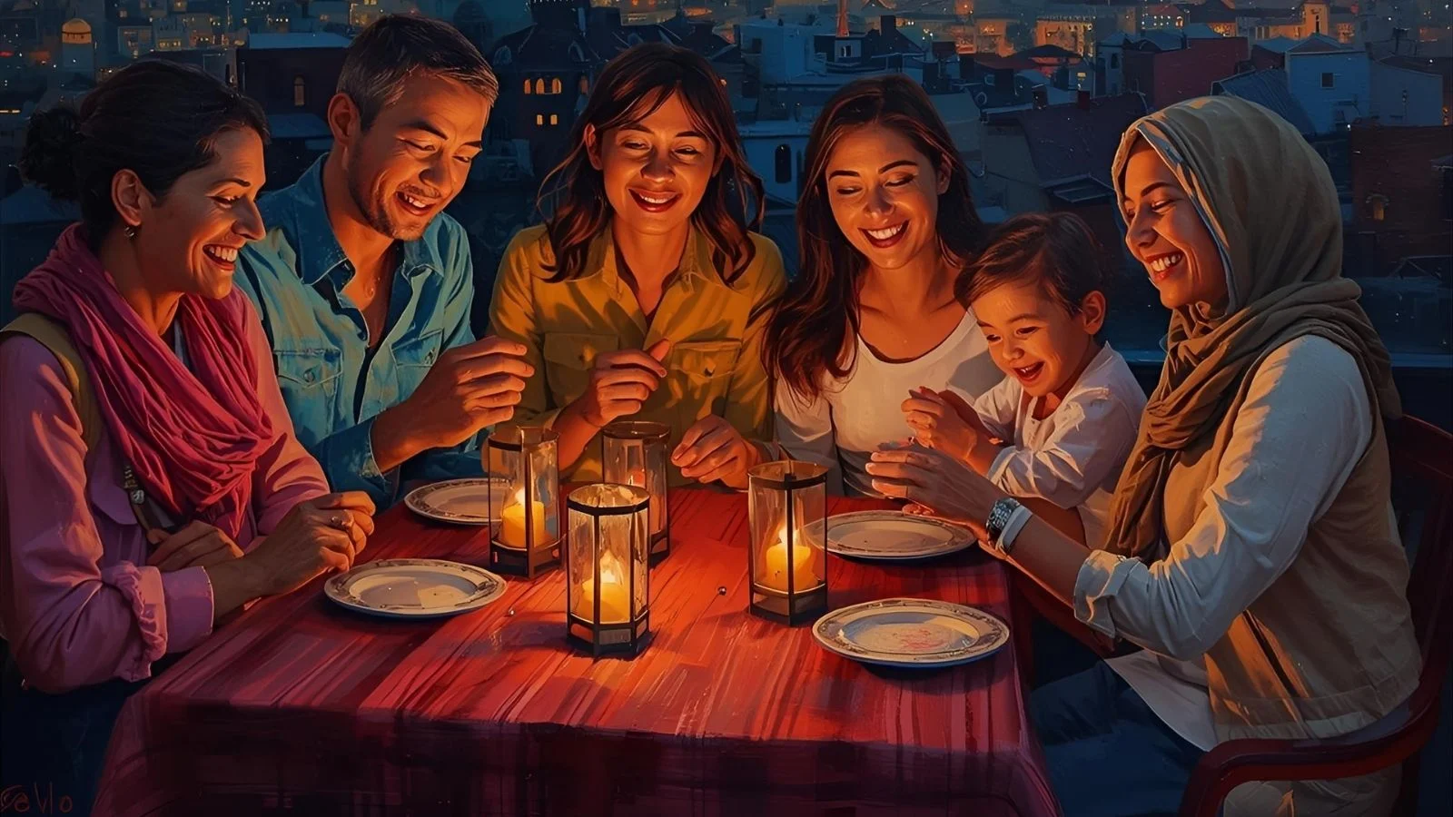Muslim family eating sehri together at home under a crescent moon and lanterns, symbolizing how to wish happy Sehri in Ramadan Caption: Caption: