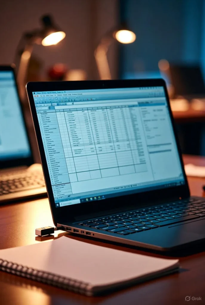 Two laptops with blurred grid dashboards sit beside a USB drive on a desk, matching genshin wish counter and Migrate Old Data Between Tools.