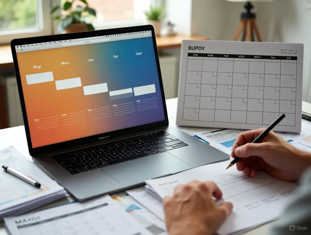 A laptop displays a generic timeline graphic beside a paper calendar on a desk, matching genshin wish counter and Chronicled Wish and the 1-Year History Change.