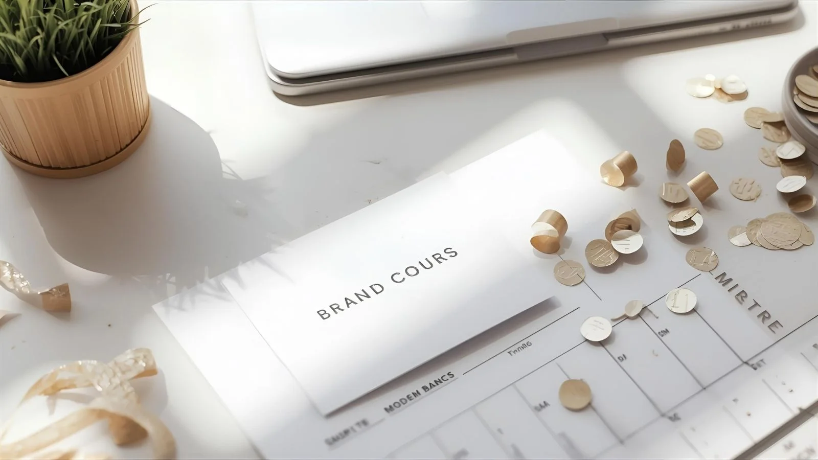 Minimal office birthday card on desk with confetti, neutral tones.