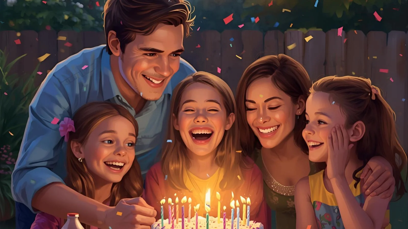 Son-in-law laughing while family cheers at an outdoor birthday cake moment.