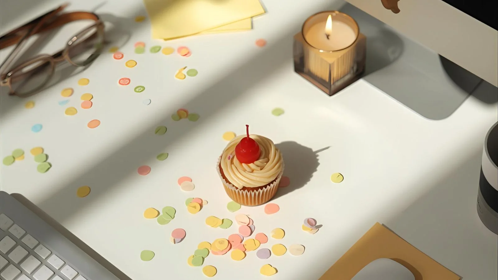 Cupcake with candle on a neat office desk beside keyboard and confetti.