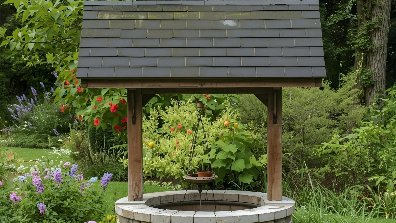 Rustic wooden garden wishing well planter surrounded by flowers in a landscaped backyard.