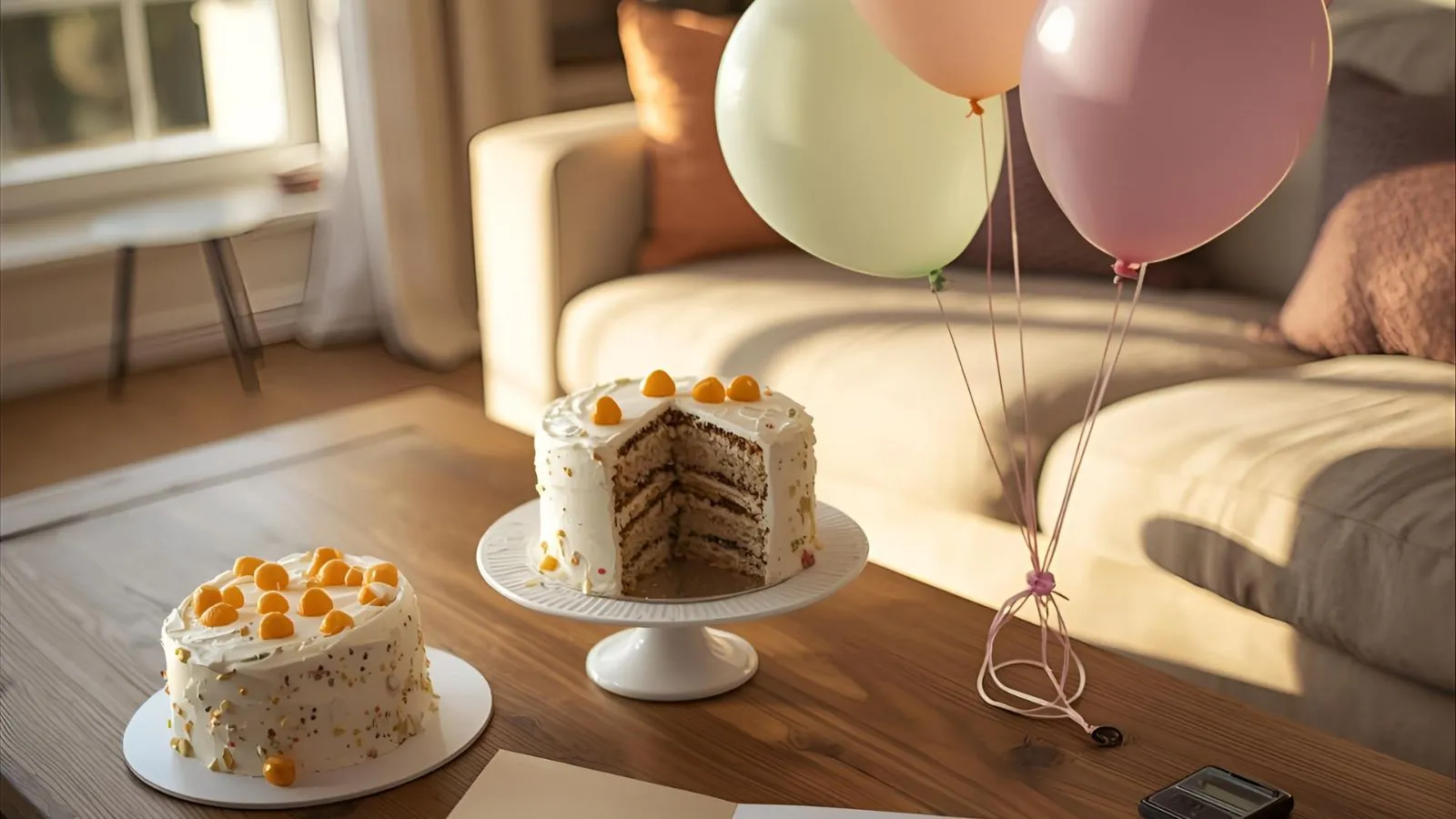 Open birthday card beside cake and balloons in warm afternoon light.