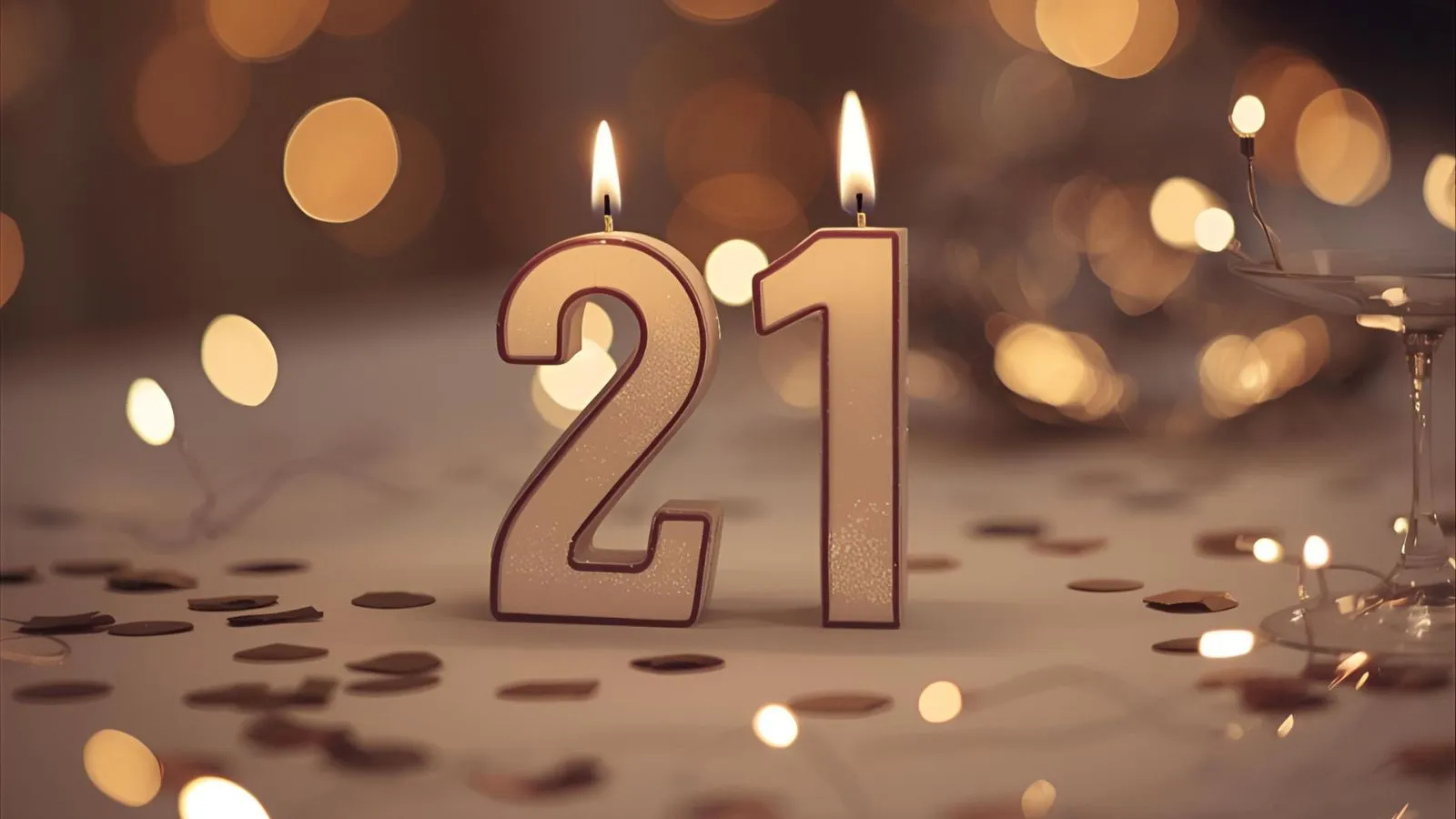 A ‘21’ candle cake on a decorated table with soft lights.