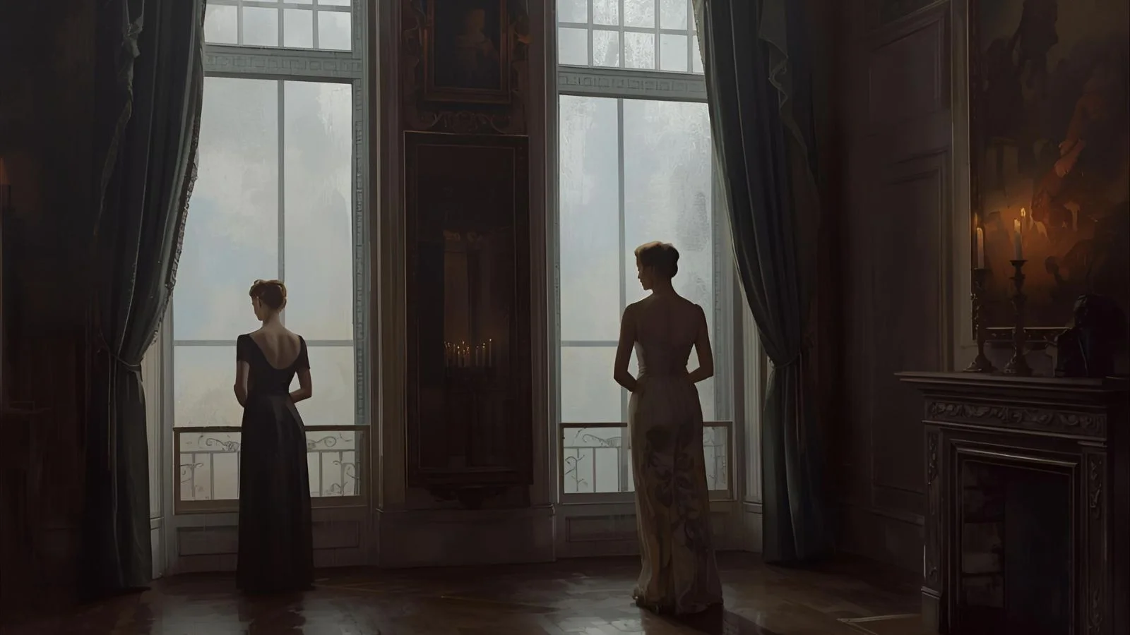 Somber ballroom scene with separated couple, suggesting tension and longing.