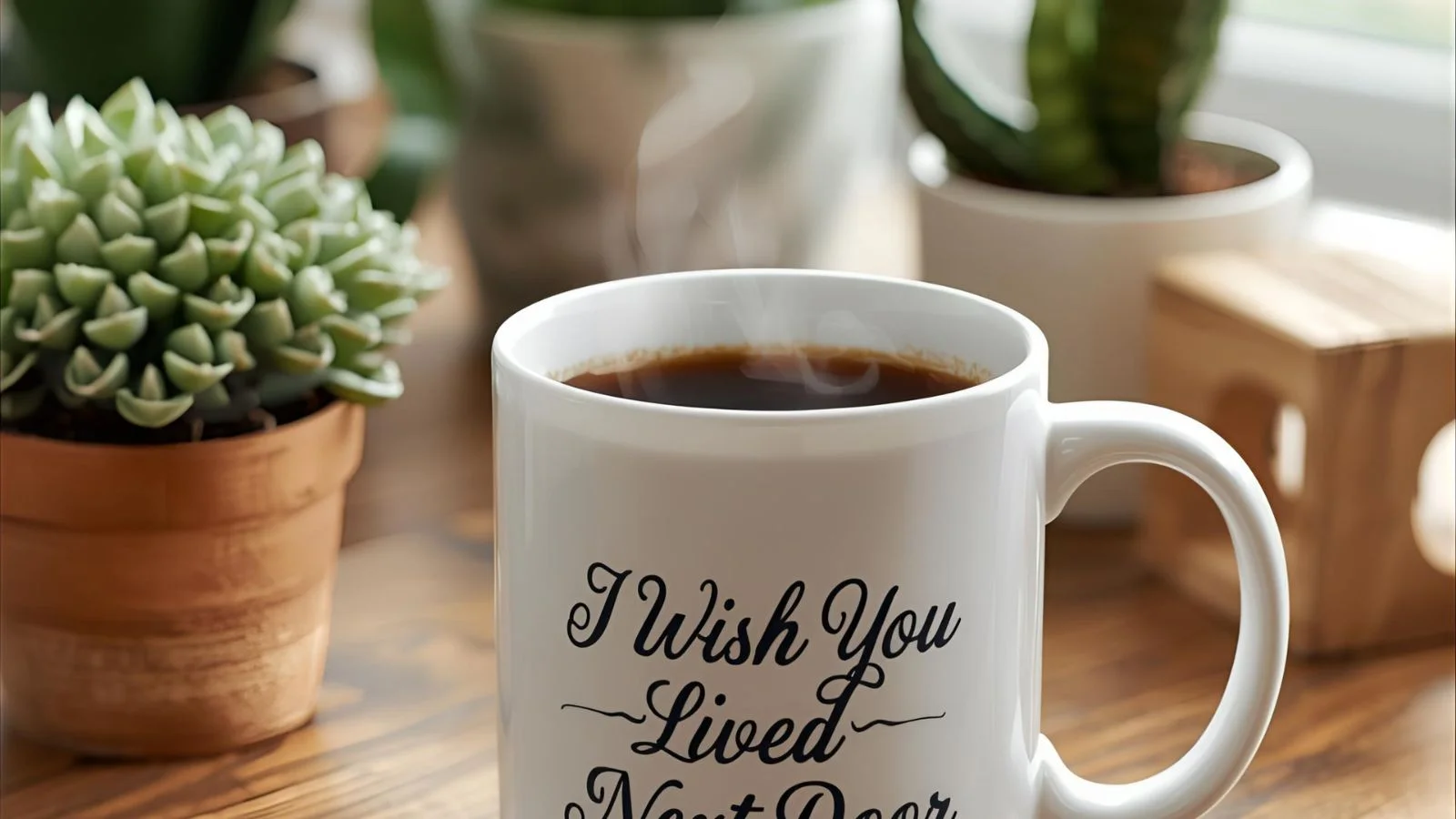 “White ceramic mug reading ‘I Wish You Lived Next Door’ on a wooden table with coffee steam”.