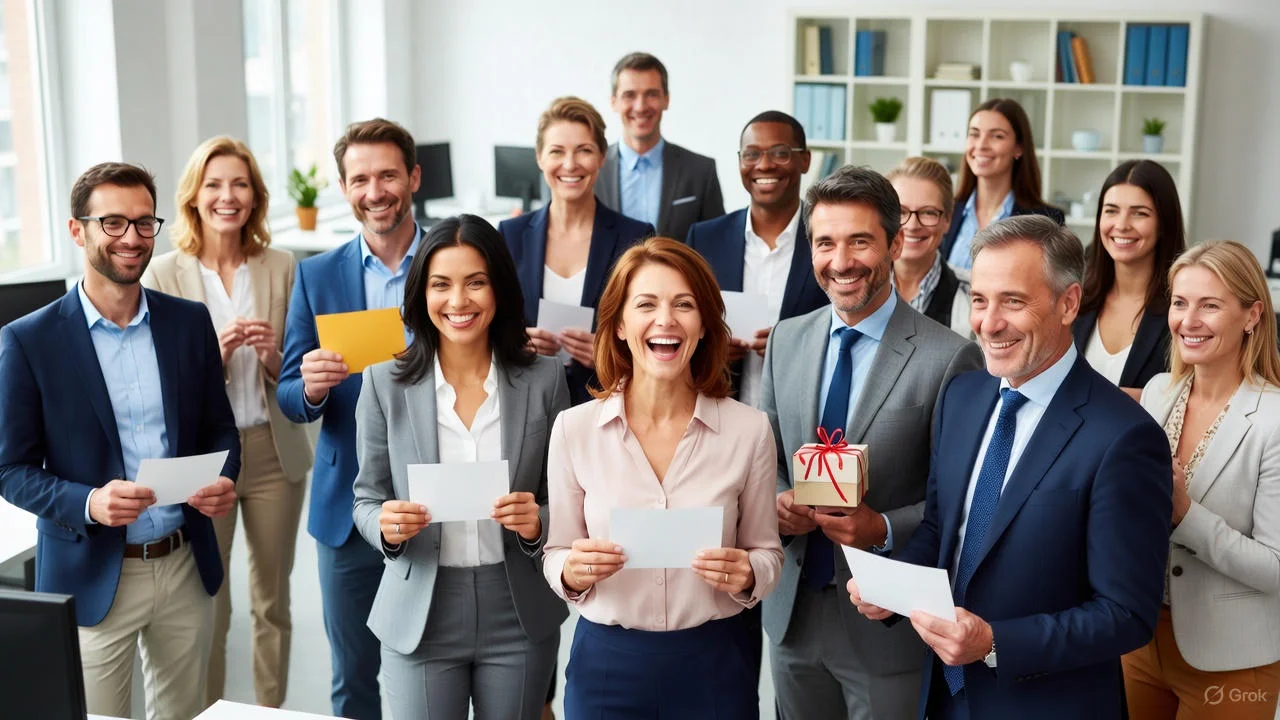 “Card and confetti on a desk celebrating a colleague’s work anniversary.”