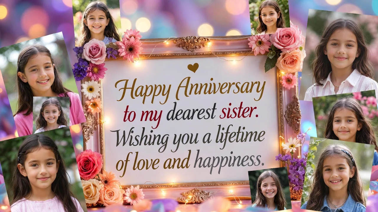 Handwritten anniversary card for sister beside flowers and tea.