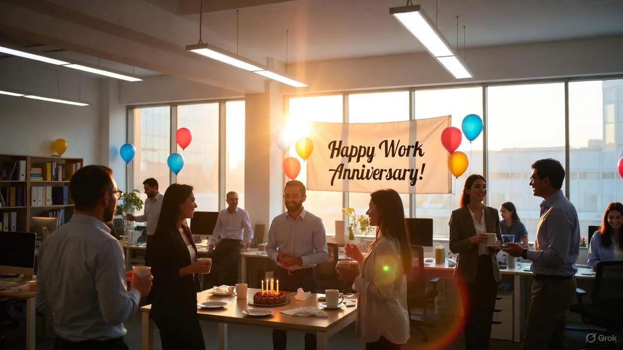 Coworkers celebrating a colleague's work anniversary around a decorated office desk.