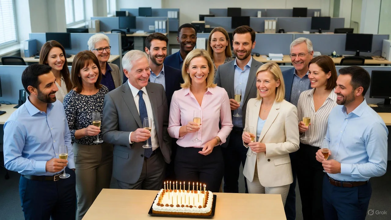 Team celebrating a coworker’s work anniversary in a bright office.