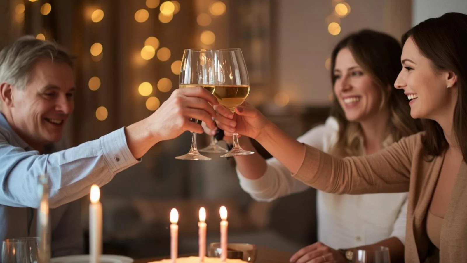 Parents toasting their adult son and daughter-in-law at a cozy home anniversary celebration.