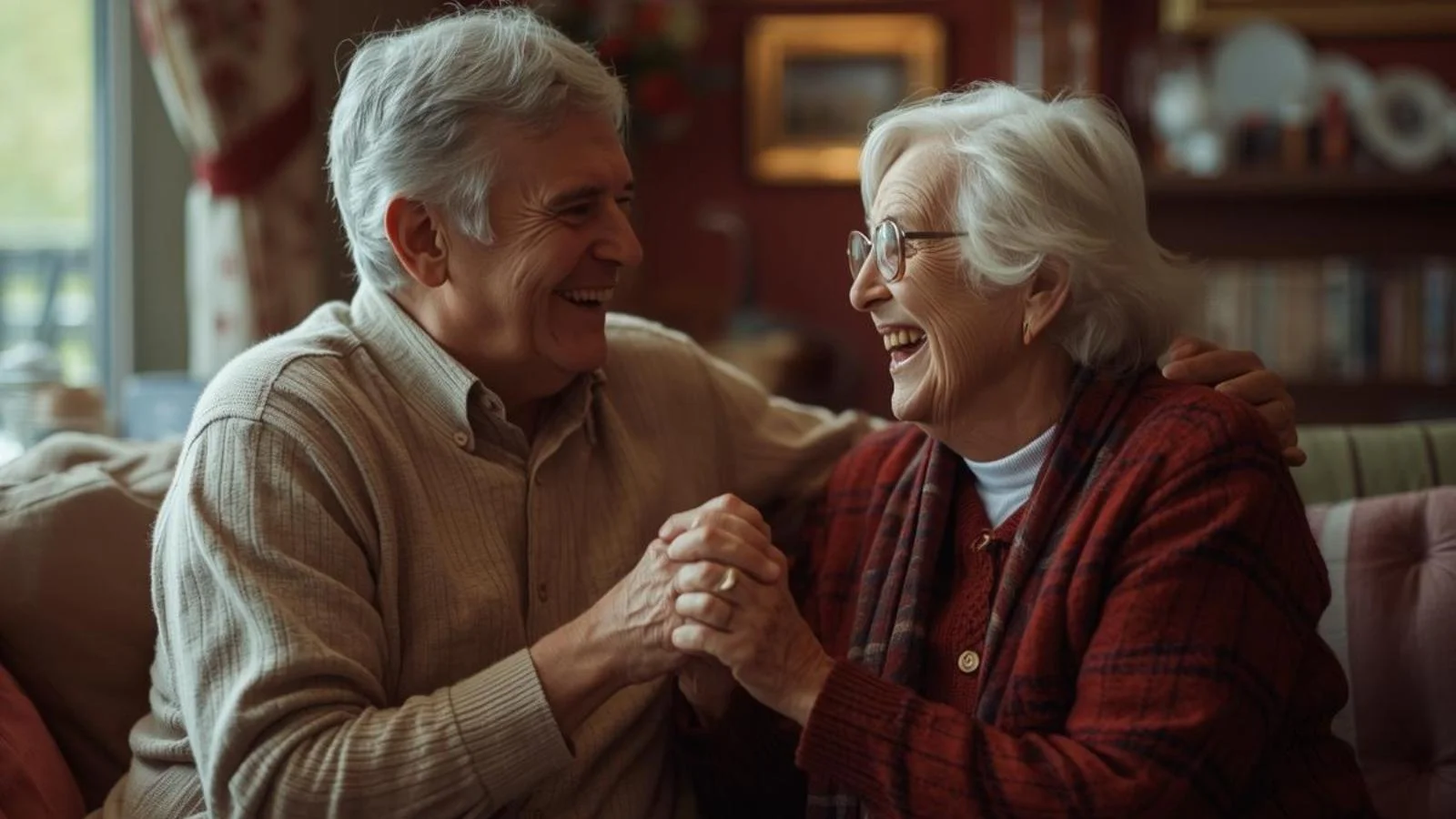 Older married couple smiling and holding hands at home while celebrating their 40th anniversary with ruby-red decorations.