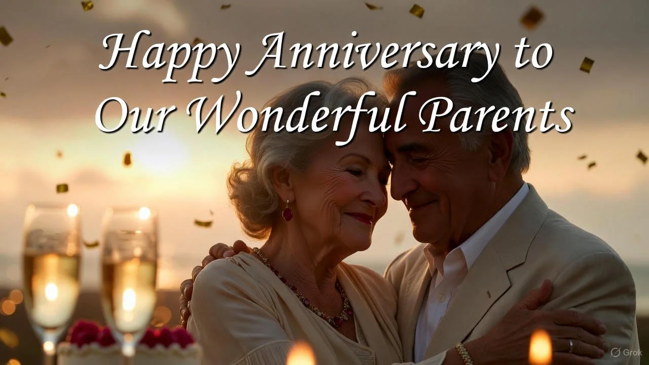 Loving parents cutting an anniversary cake at home with soft golden light.