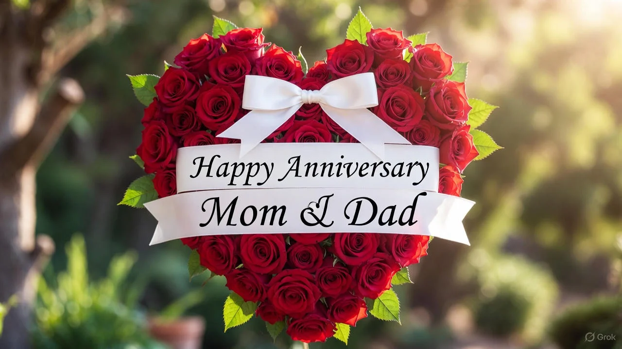 Wedding photo and anniversary card on a sunlit table, warm family tone.