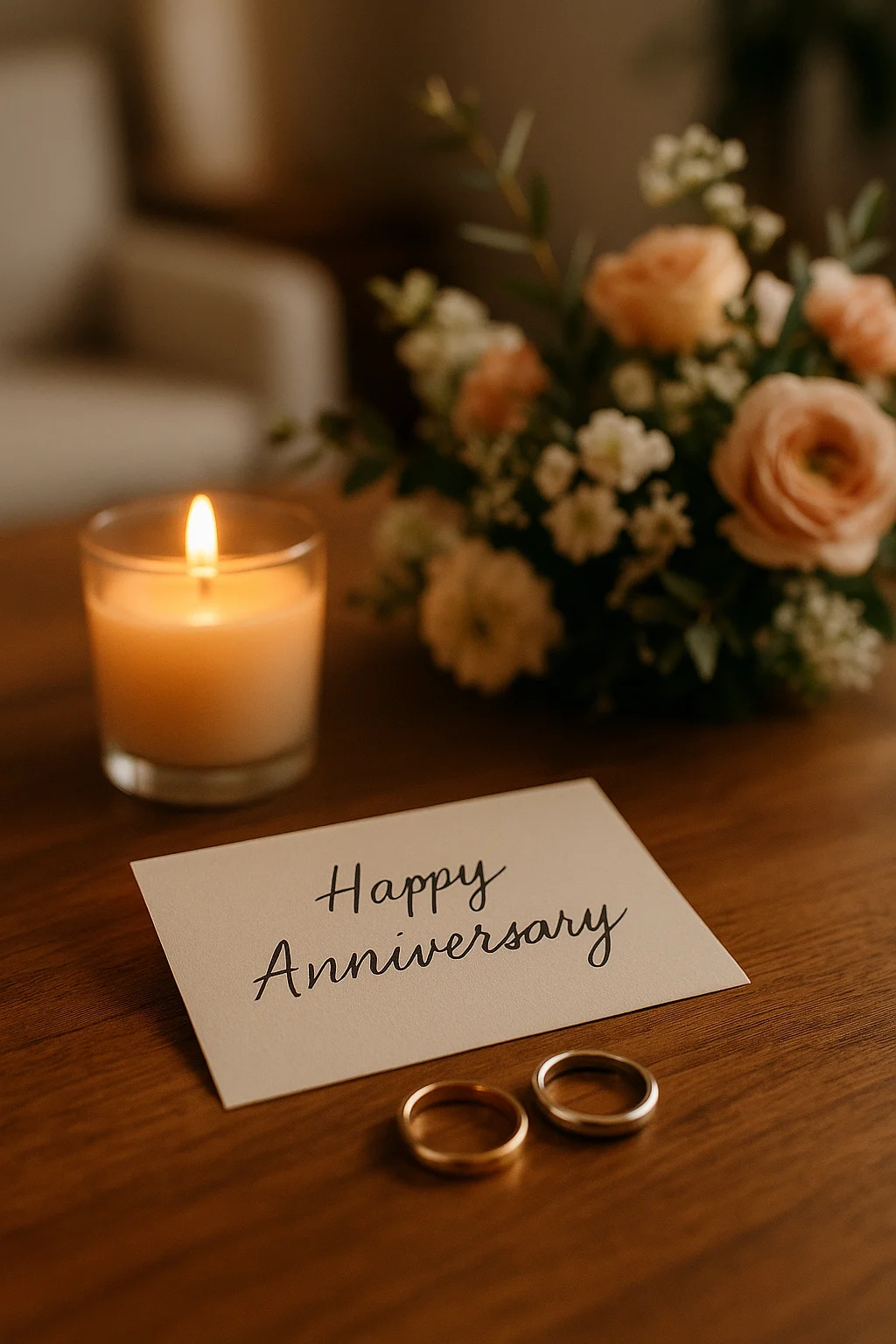 Anniversary table with rings, candlelight, flowers, and a handwritten spiritual blessing card.