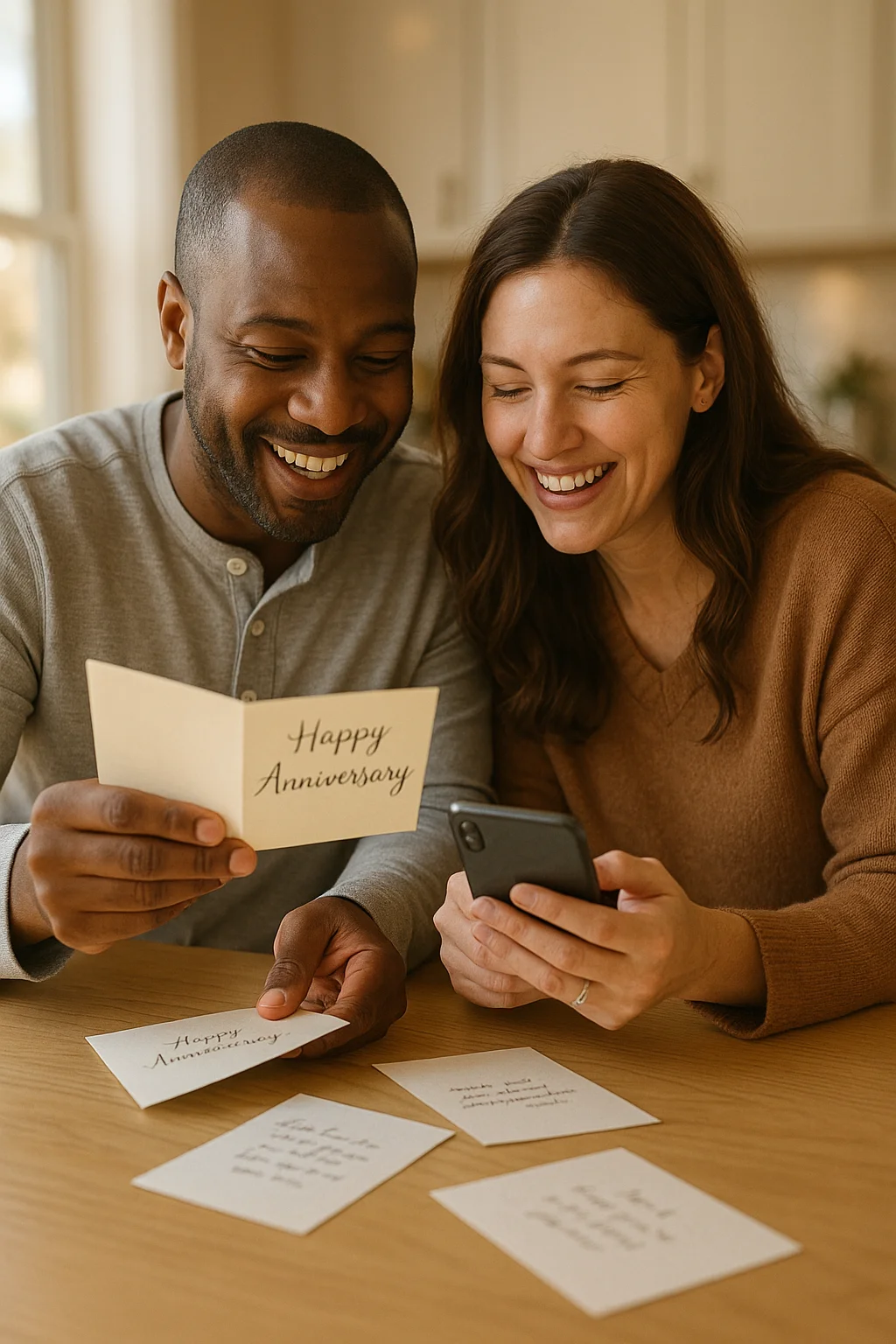 Couple reading anniversary messages and cards, sharing grateful smiles.