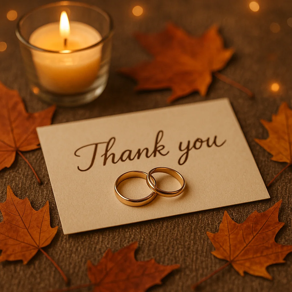 Fall flat-lay with wedding rings and thank-you card expressing anniversary gratitude