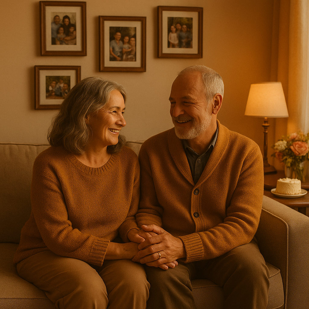 Happy parents holding hands at home on their anniversary.”